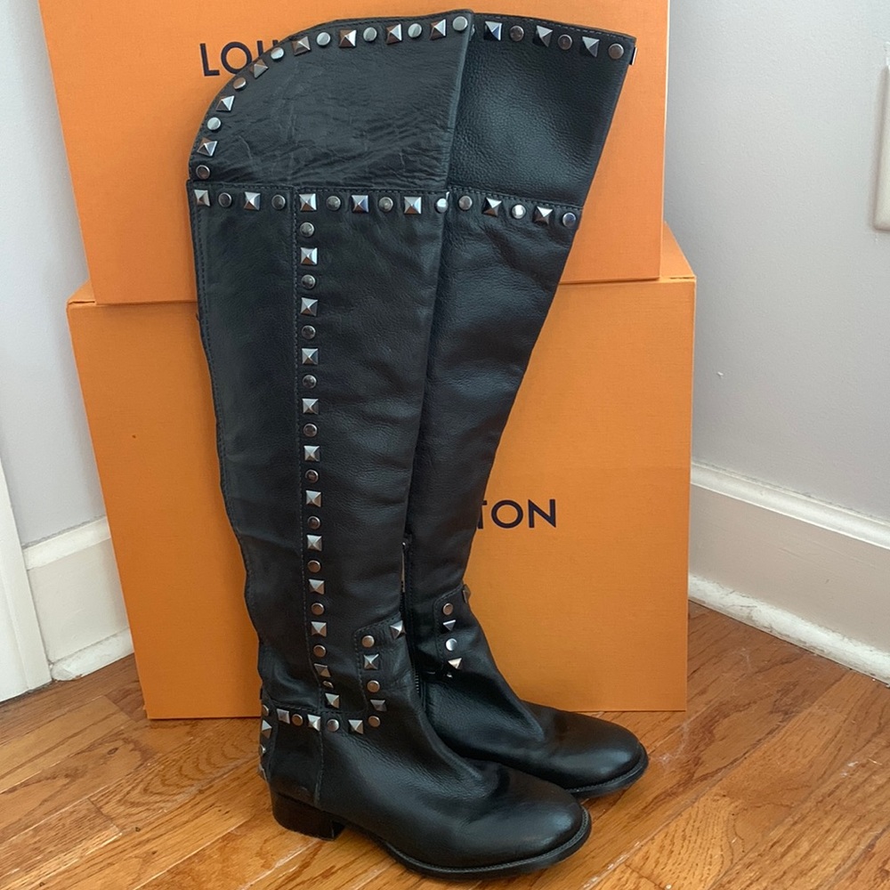 TORY BURCH Leather Studded OTK riding boots black silver 6 designer rare $450.